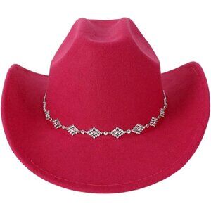 Verdusa Women Red 100% Polyester Rhinestone Diamond Chain Band Cowboy Felt Hat